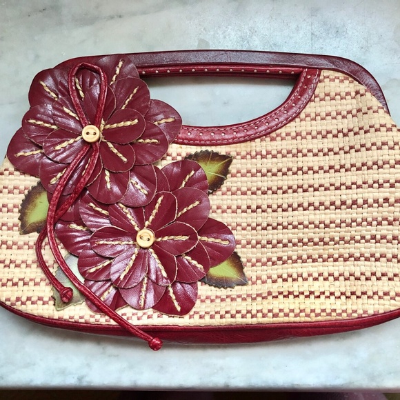 Isabella Fiore Leather & Woven Straw Floral Handbag - Picture 1 of 6